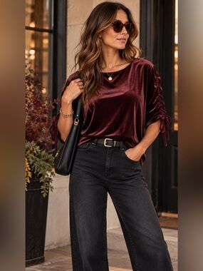 Moulinette Soeurs Velvet Top Burgundy Ruched Tie Sleeve Anthropologie L
